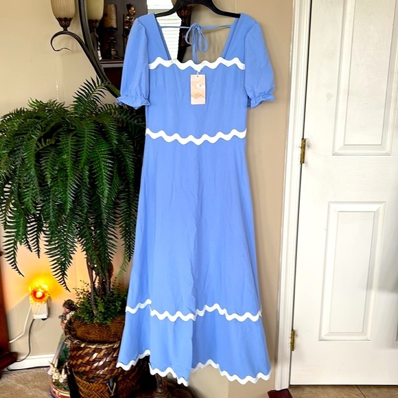 Brand New Blue Flowy Maxi Dress w/ White Ric Rac Tie Back Smocked Puff Sleeves - Picture 3 of 16